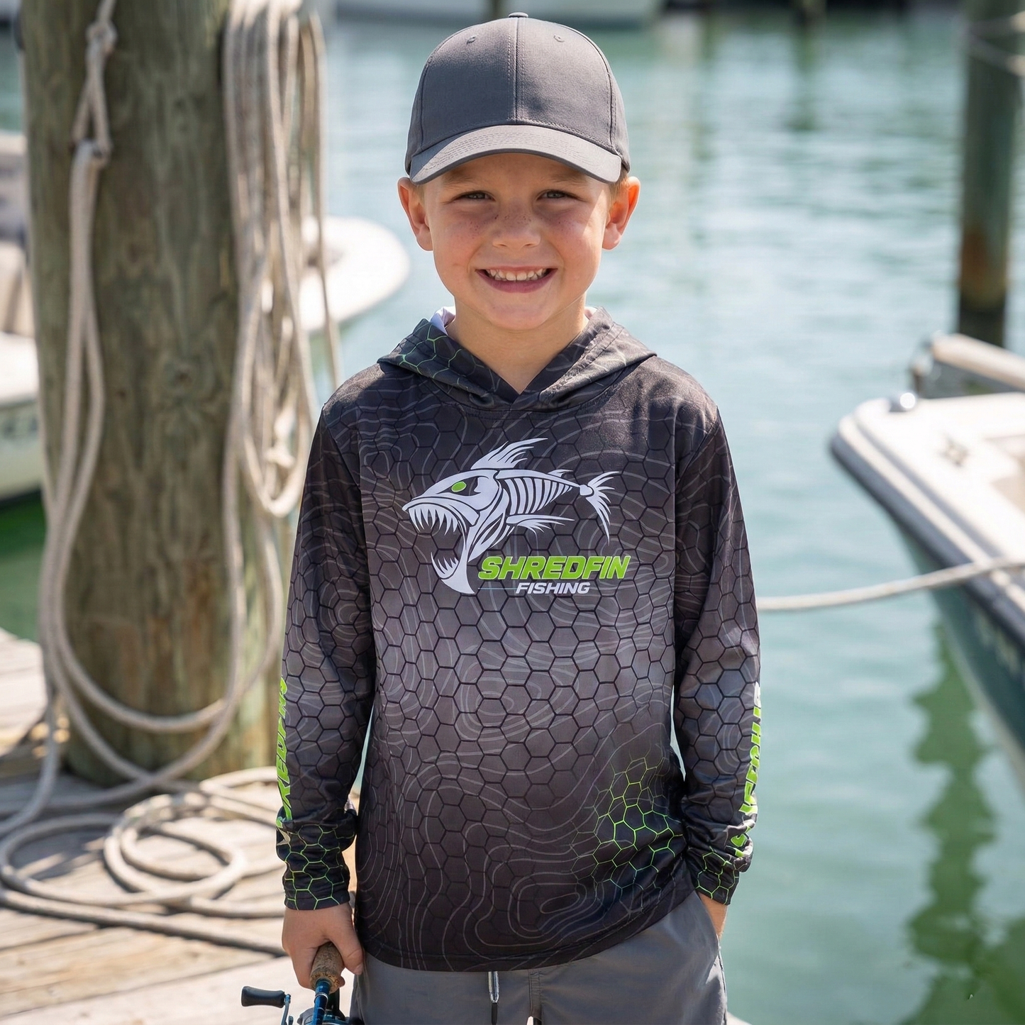 Kids ShredFin Hexcast Hooded Performance Shirt | Tungsten Fade