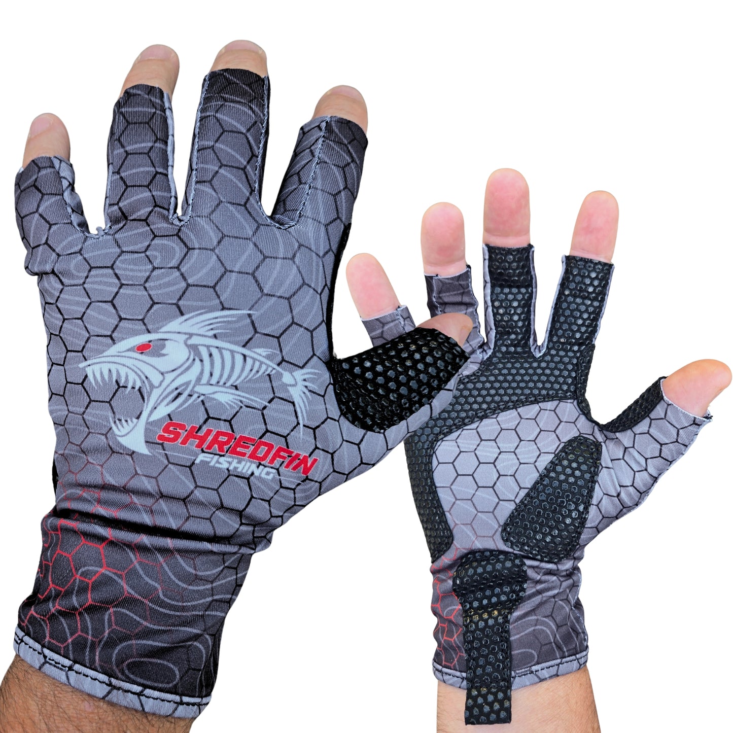 ShredFin Fingerless Fishing Gloves | HexCast Pattern | Tungsten Gray/Red
