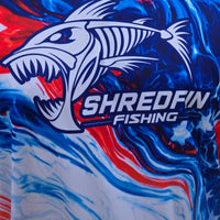 Close up view of the ShredFin patriotic hooded performance fishing shirt with American flag design