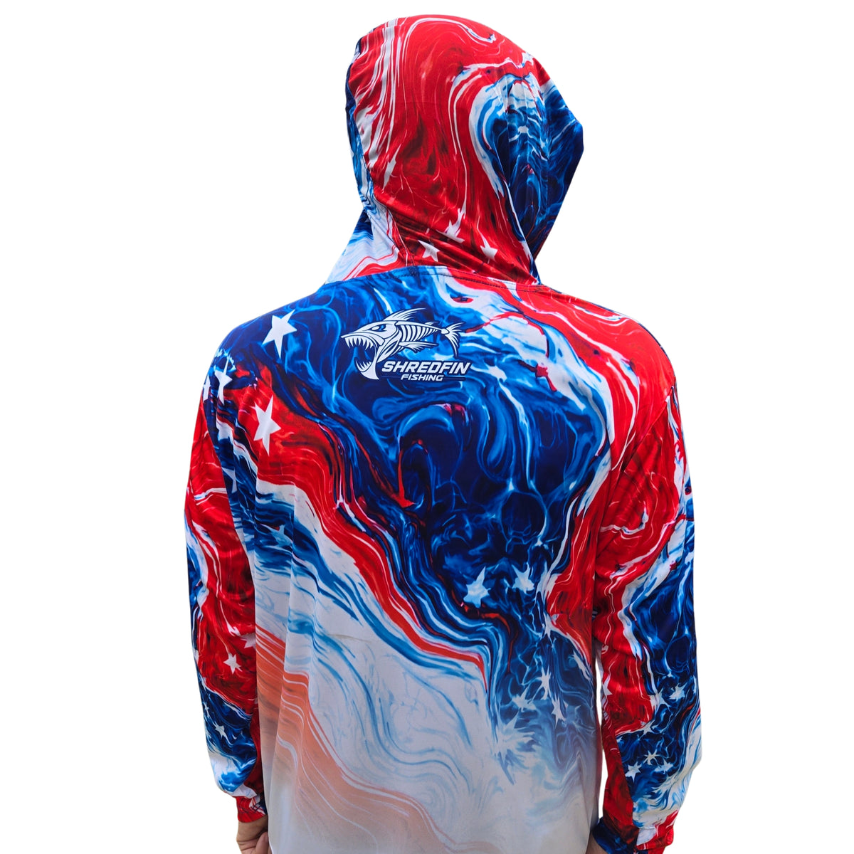 Back view of the ShredFin patriotic hooded performance fishing shirt with American flag design.