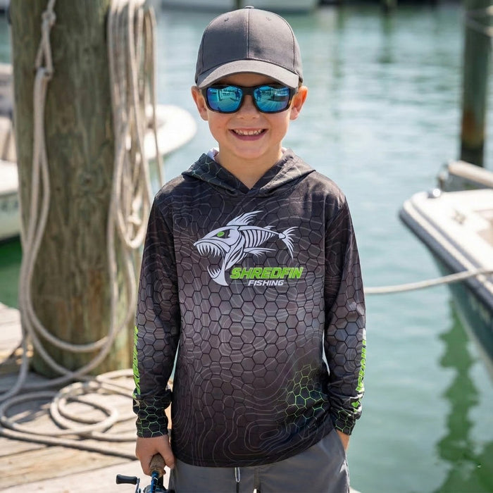 Kids ShredFin Hexcast Hooded Performance Shirt | Tungsten Fade
