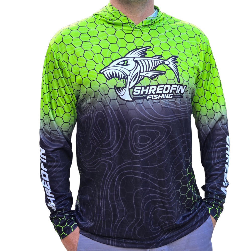 ShredFin Contourz HexCast Hooded Performance Shirt | Chartreuse/Black Fade