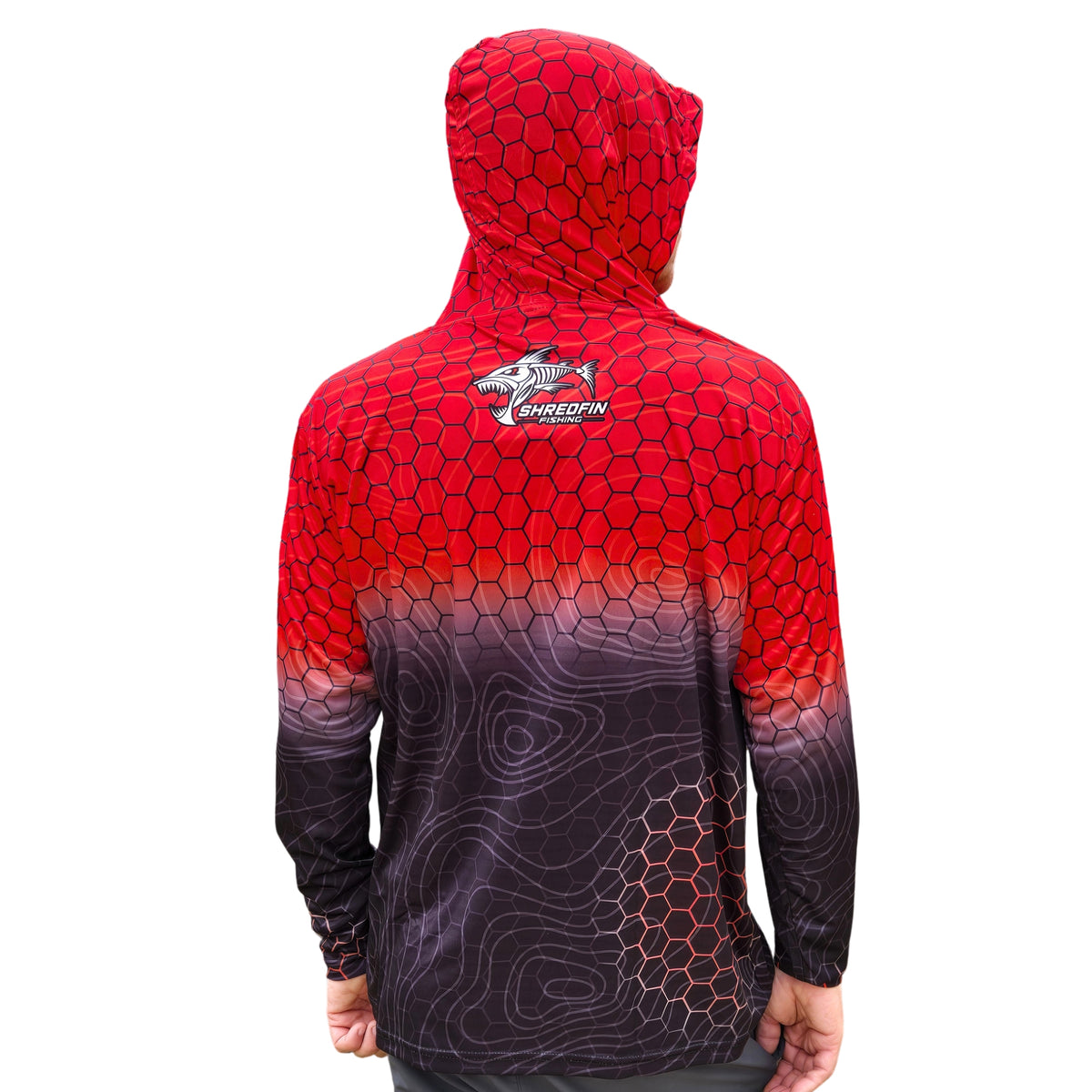ShredFin Contourz HexCast Hooded Performance Shirt | Red/Black Fade