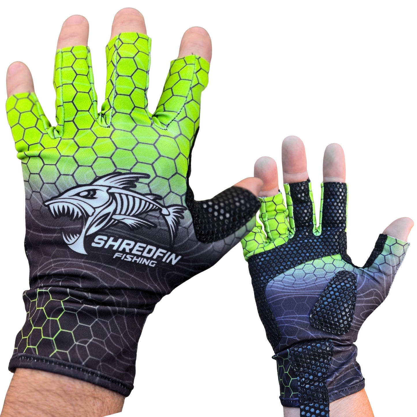 ShredFin Fingerless Fishing Gloves | HexCast Pattern | Chartreuse/Black Fade