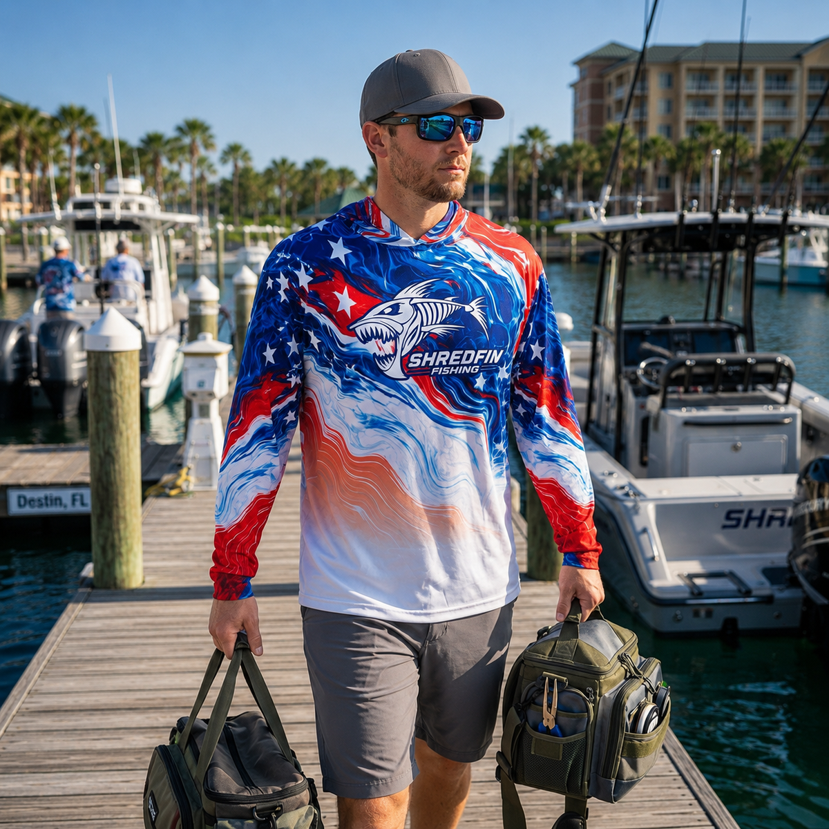 A man wearing a red, white, and blue patriotic long-sleeve fishing shirt with a shark graphic and the brand name 'Shredfin Fishing' walks on a wooden dock carrying gear bags.