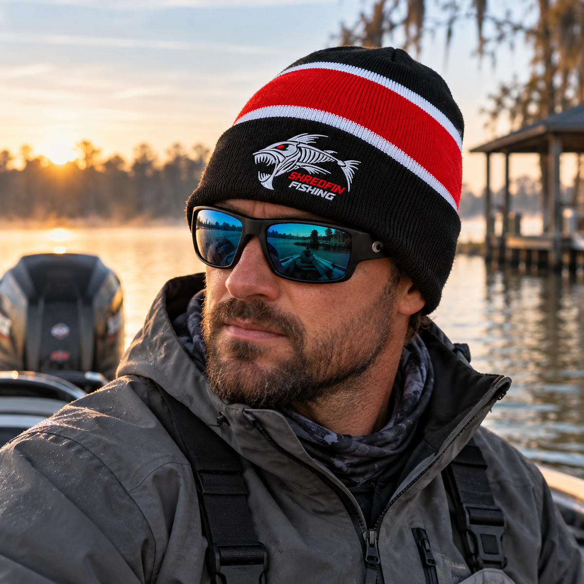 Man wearing black and red ShredFin Cold Front fishing beanie on a boat