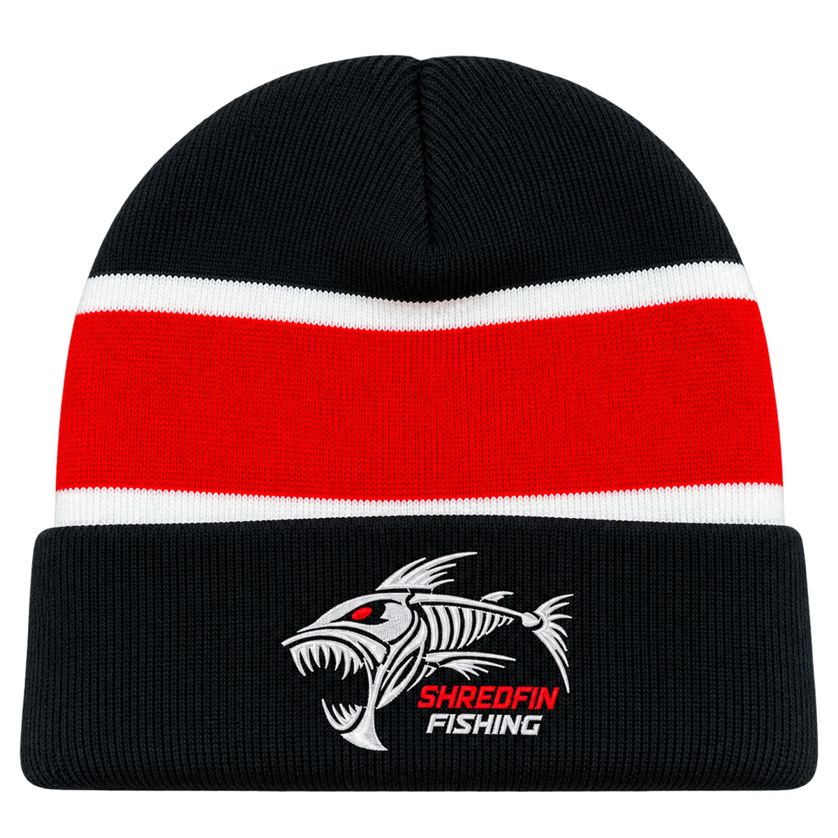 Black and red ShredFin Cold Front fishing beanie with embroidered logo