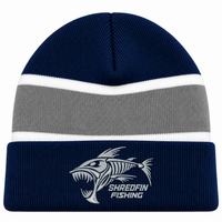 Blue and gray ShredFin Cold Front fishing beanie with embroidered logo