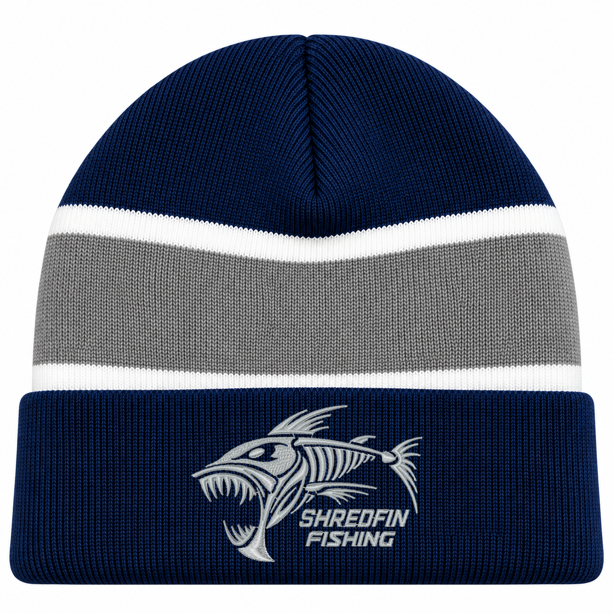 Blue and gray ShredFin Cold Front fishing beanie with embroidered logo