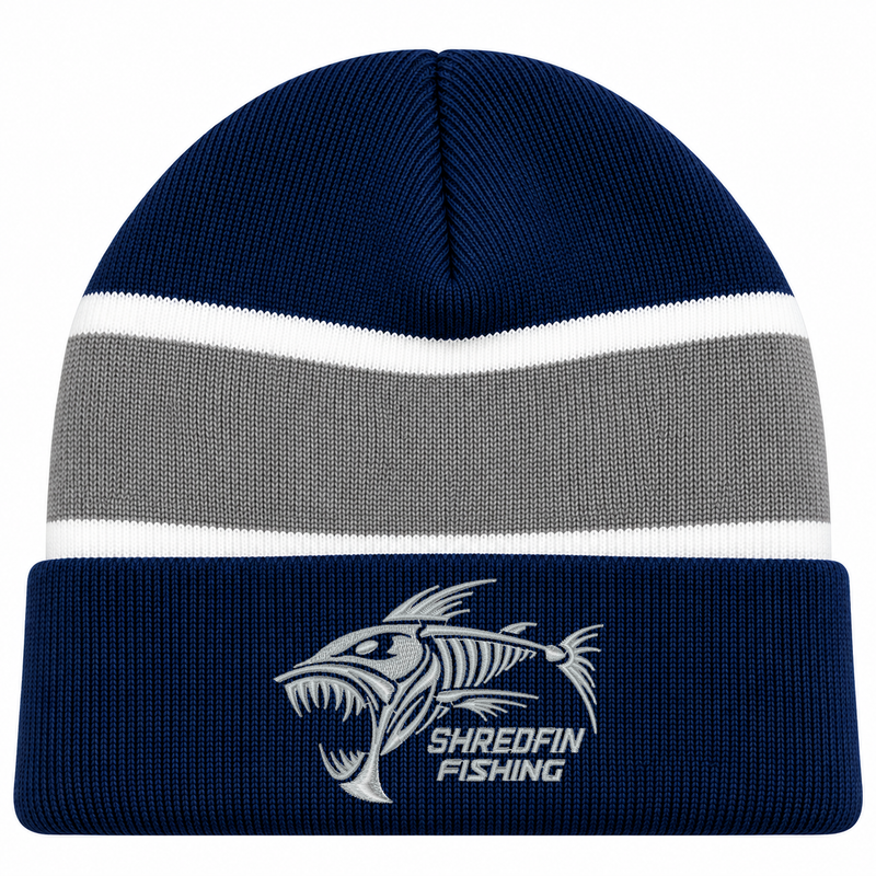 Blue and gray ShredFin Cold Front fishing beanie with embroidered logo