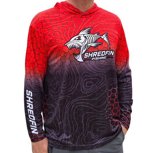 ShredFin Contourz HexCast Hooded Performance Shirt | Red/Black Fade