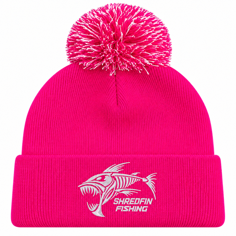 Pink ShredFin Cold Front fishing beanie with pom-pom and embroidered logo