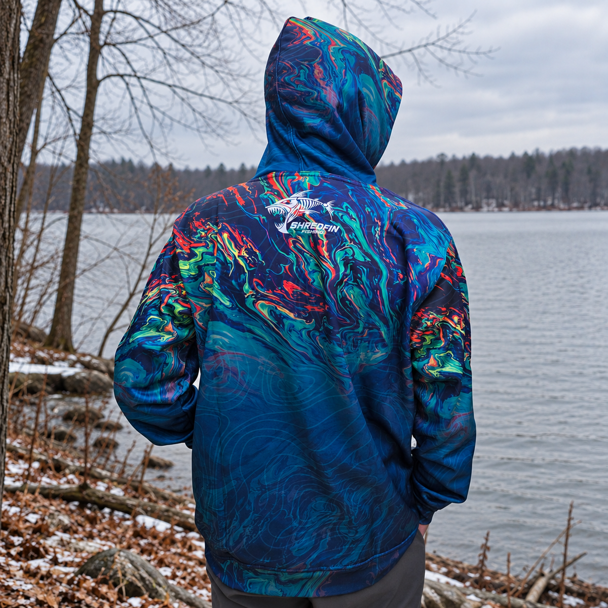 Backside of ShredFin StormSurge Electric Swirl Elite Performance Hoodie