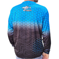 Back of ShredFin HexCast Amalfi Coast Fade long sleeve performance fishing shirt featuring blue hex pattern, black topo fade, and upper back logo.