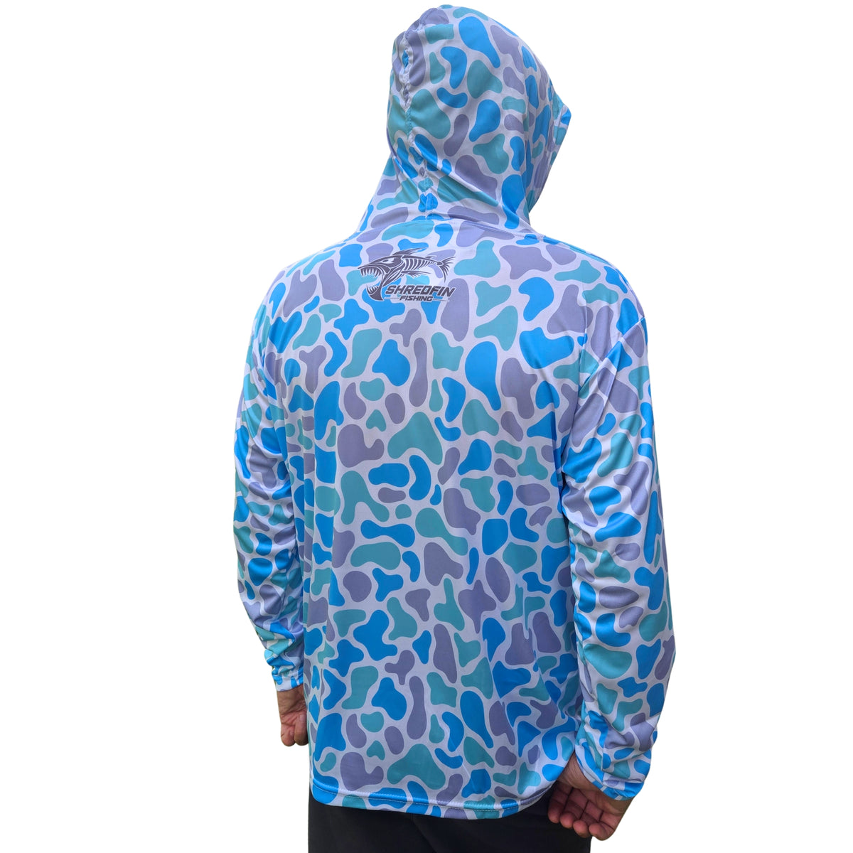Back view of ShredFin Retro Camo Sea Glass hooded performance fishing shirt featuring blue, aqua, and gray camouflage with a rear ShredFin logo.