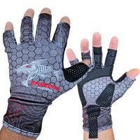ShredFin Fingerless Fishing Gloves | HexCast Pattern | Tungsten Gray/Red