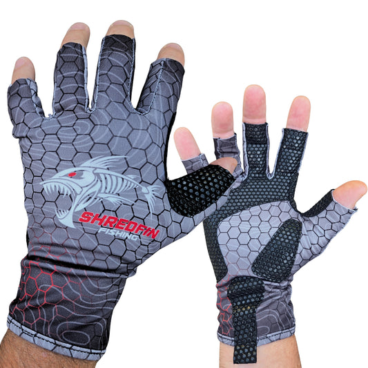 ShredFin Fingerless Fishing Gloves | HexCast Pattern | Tungsten Gray/Red
