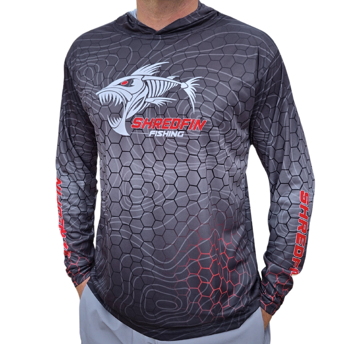 ShredFin Contourz HexCast Hooded Performance Shirt | Tungsten Fade/Red