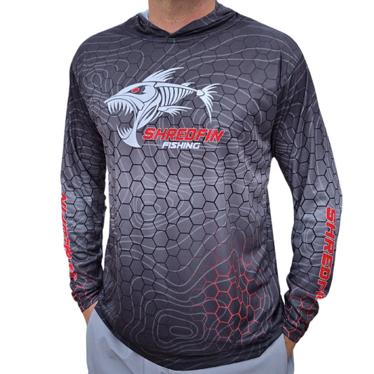 ShredFin Contourz HexCast Hooded Performance Shirt | Tungsten Fade/Red