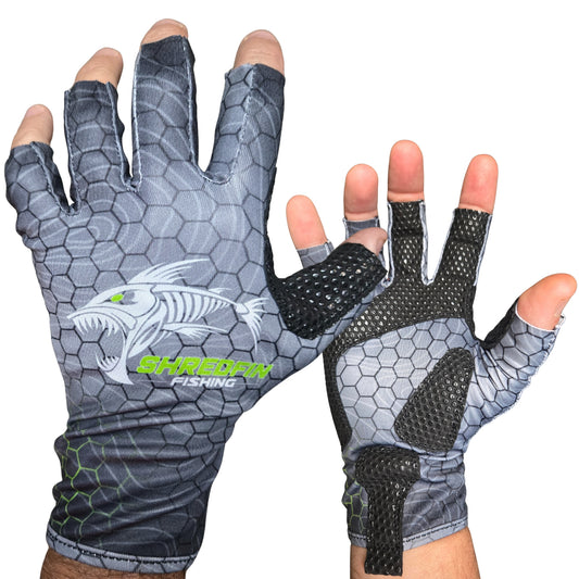 ShredFin Fingerless Fishing Gloves | HexCast Pattern | Tungsten Gray/Neon Green