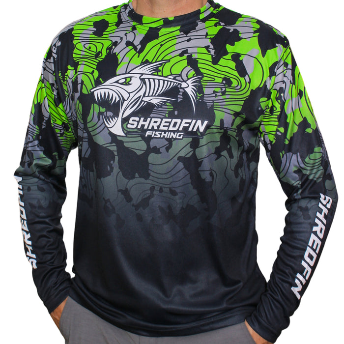 **Clearance** ShredFin Contourz Camo Performance Shirt | Neon Green/Black Fade