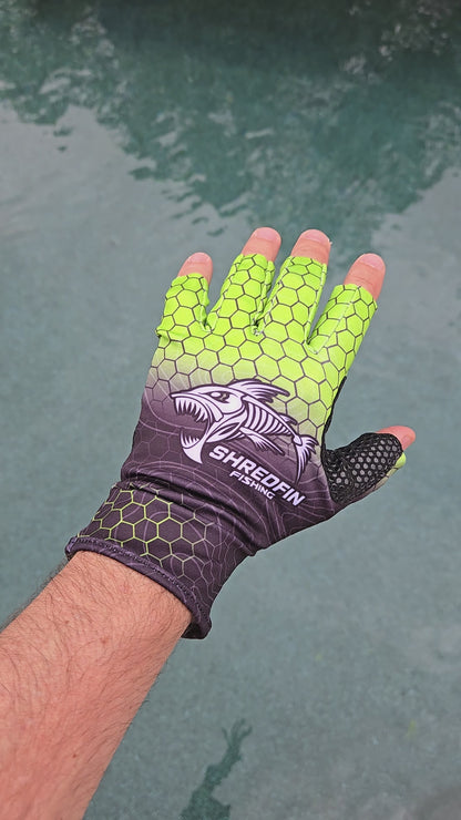 ShredFin Fingerless Fishing Gloves | HexCast Pattern | Chartreuse/Black Fade