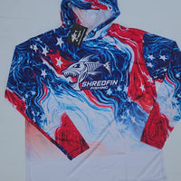 Video of a ShredFin patriotic red, white, and blue hooded performance fishing shirt, showing  design from multiple angles.