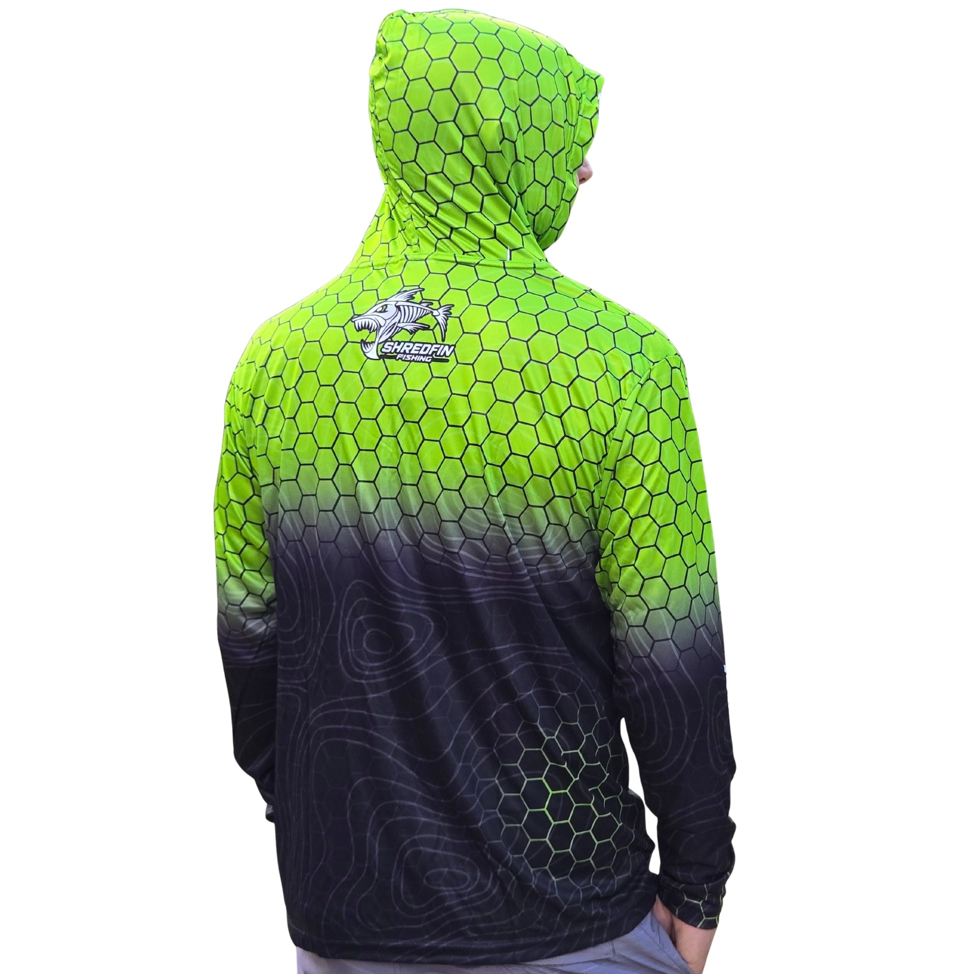 Back view of ShredFin HexCast Chartreuse Black Fade hooded performance fishing shirt featuring a neon chartreuse hex pattern, black topo fade, attached hood, and rear ShredFin logo.