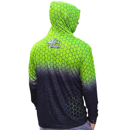 Back view of ShredFin HexCast Chartreuse Black Fade hooded performance fishing shirt featuring a neon chartreuse hex pattern, black topo fade, attached hood, and rear ShredFin logo.