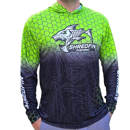 ShredFin HexCast Chartreuse Black Fade hooded performance fishing shirt featuring a neon chartreuse hex pattern, black topo fade, and UPF 50+ sun protection.