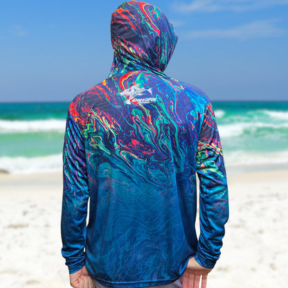 Back view of ShredFin StormSurge Electric Swirl hooded performance fishing shirt featuring a blue, teal, and orange ocean-inspired pattern with a rear ShredFin logo.