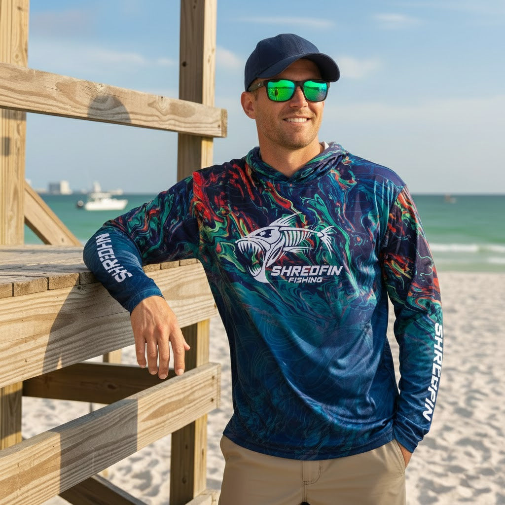 Man wearing a ShredFin StormSurge Electric Swirl hooded performance fishing shirt on the beach featuring an ocean inspired pattern.