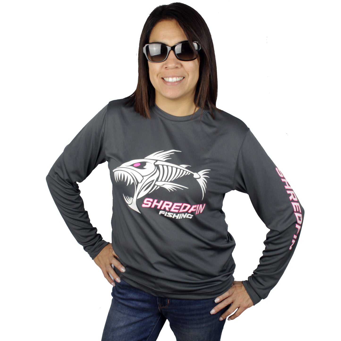 **Clearance ** ShredFin Iron Gray Long Sleeve Performance Shirt UNISEX (White/Neon Pink Logo)