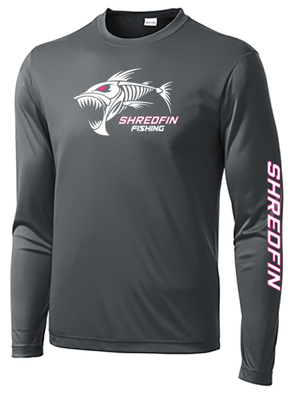 **Clearance ** ShredFin Iron Gray Long Sleeve Performance Shirt UNISEX (White/Neon Pink Logo)